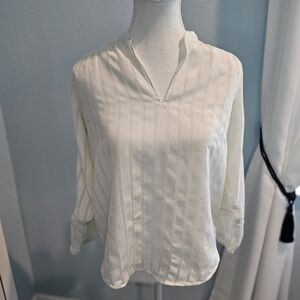 Ann Taylor XSPetite Cream Embroidered Long Sleeve Blouse
